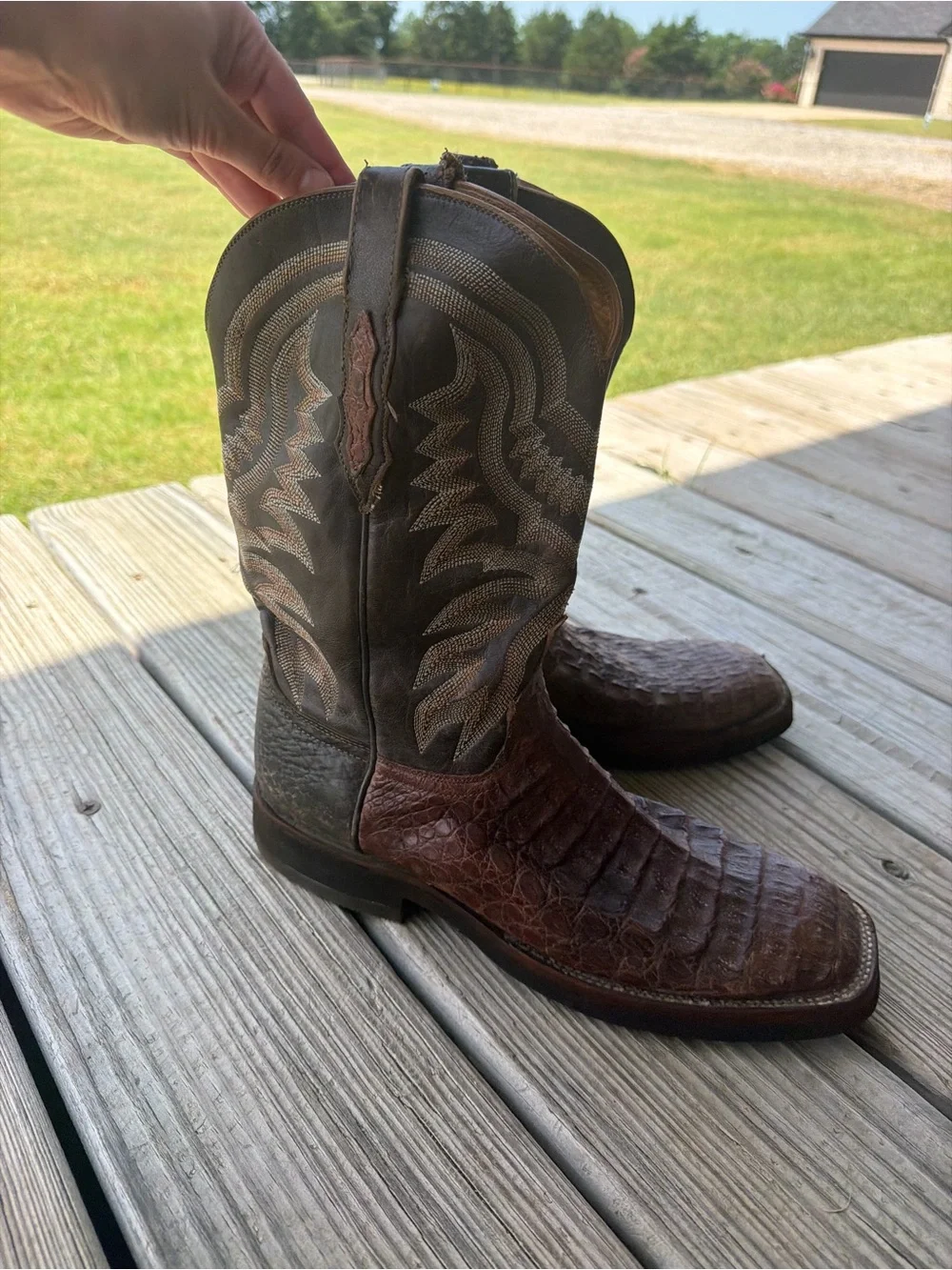 LUCCHESE MEN'S BARREL BROWN AND CHOCOLATE CAIMAN TAIL WIDE SQUARE TOE EXOTIC